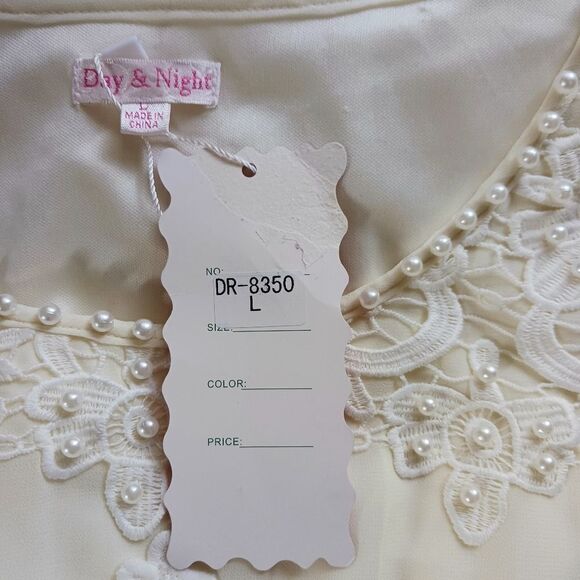 VINTAGE Mini Dress Chiffon Lace Pearls Ivory Bridal or Cocktail Party Size Large - Picture 9 of 15